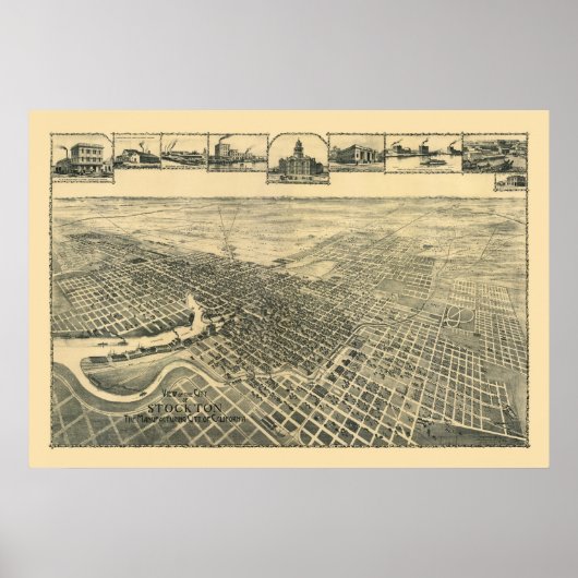 Stockton, CA Panoramic Map - 1895b Poster (Voorkant)