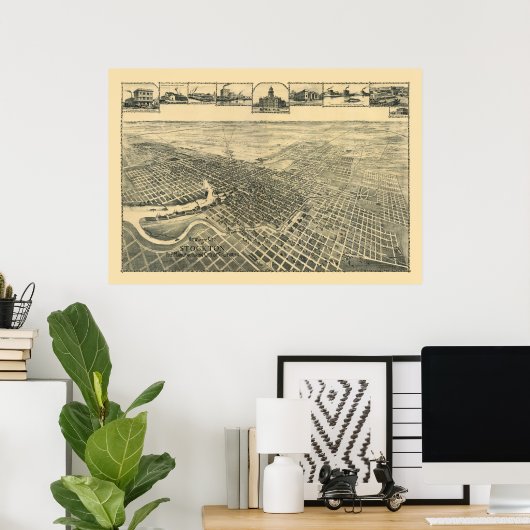 Stockton, CA Panoramic Map - 1895b Poster (Thuiskantoor)