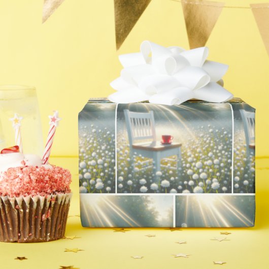 Stoel en rode beker in wilde bloemen cadeaupapier (Verjaardagsfeest)