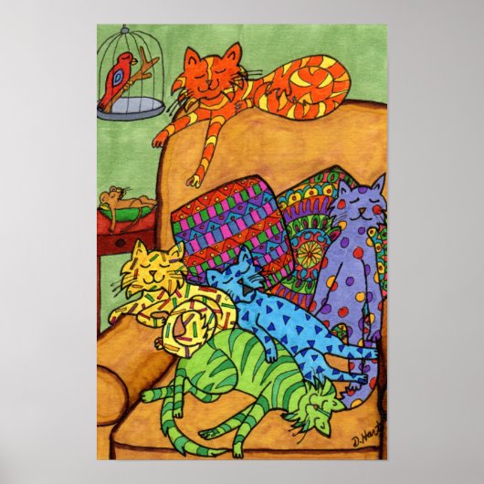 Stoel voor kleurrijke tekende katten zonder slaaps poster (Voorkant)