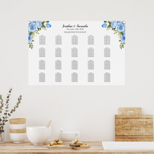 Stoelenkaart 20 Tafels Trouw Bloemen Blauw Poster (Keuken)