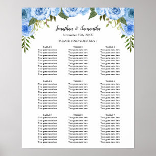 Stoelenkaart Huwelijksceremonie Blauwe Bloemen bor Poster