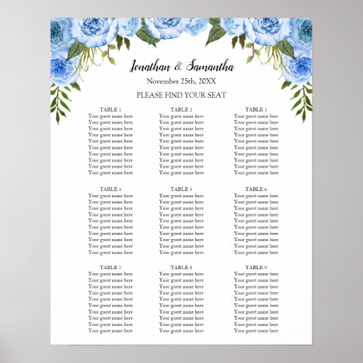 Stoelenkaart Huwelijksceremonie Blauwe Bloemen bor Poster (Voorkant)