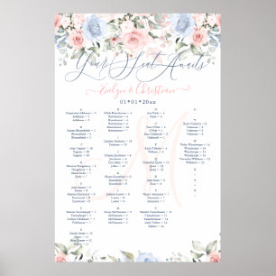 Stoelenplattegrond met monogram Roze & Stofblauwe Poster