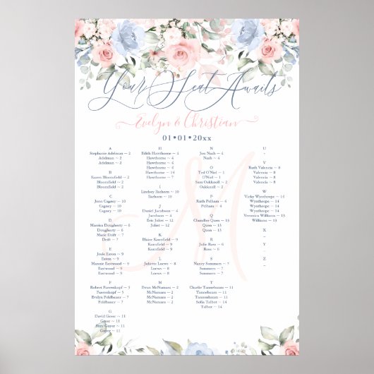 Stoelenplattegrond met monogram Roze & Stofblauwe Poster (Voorkant)