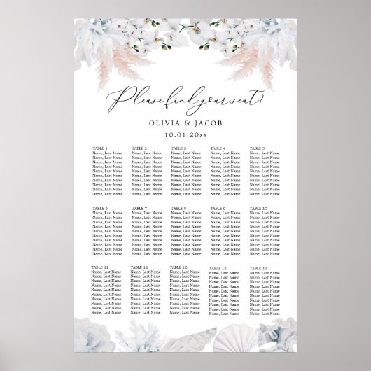 Stoelenplattegrond Stofblauw Strand Bruiloft (12 T Poster (Voorkant)