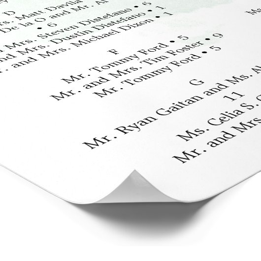 Stoelindeling bord voor trouwfeest met stoffig bla poster (Hoek)