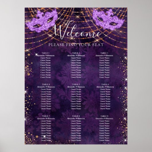 Stoelindeling masquerade paarse glitters 9 tafels poster (Voorkant)