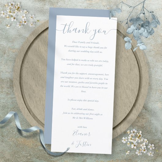 Stoer blauwe trouwreceptie bedankkaart menu