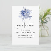 stoer stoffige blauwe rozen en andere bloemen save the date (Staand voorkant)