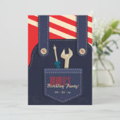 Stoer Werkpak en Gereedschap Verjaardagsuitnodigin Kaart (Staand voorkant)