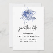 stoere stoffige blauwe rozen en andere bloemen save the date (Voorkant)