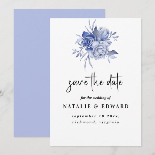 stoere stoffige blauwe rozen en andere bloemen save the date (Voorkant / Achterkant)