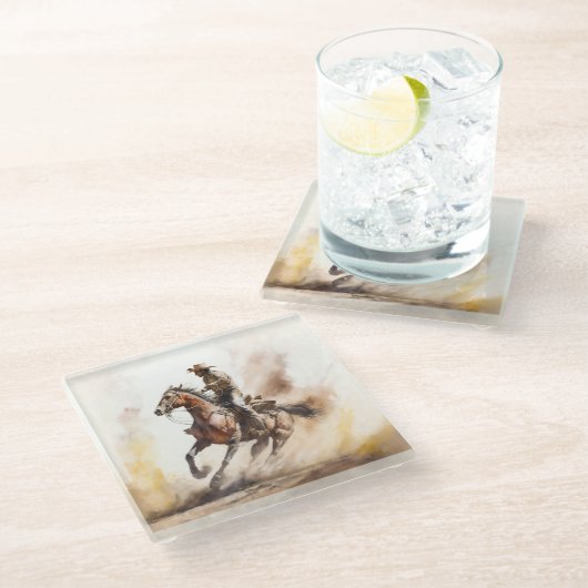 Stoere western waterverf cowboy die een mustang be glazen onderzetter (Schuin)