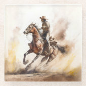 Stoere western waterverf cowboy die een mustang be glazen onderzetter (Voorkant)