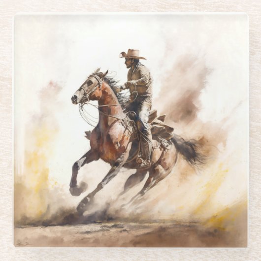 Stoere western waterverf cowboy die een mustang be glazen onderzetter (Voorkant)