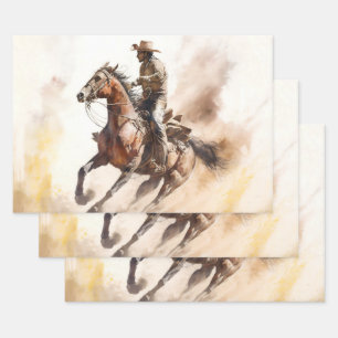 Stoere western waterverf cowboy rijdt op mustang inpakpapier vel