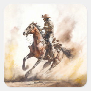 Stoere western waterverf cowboy rijdt op Mustang Vierkante Sticker