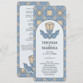 Stof Blauw Art Nouveau Trouwprogramma Kaart (Voorkant / Achterkant)