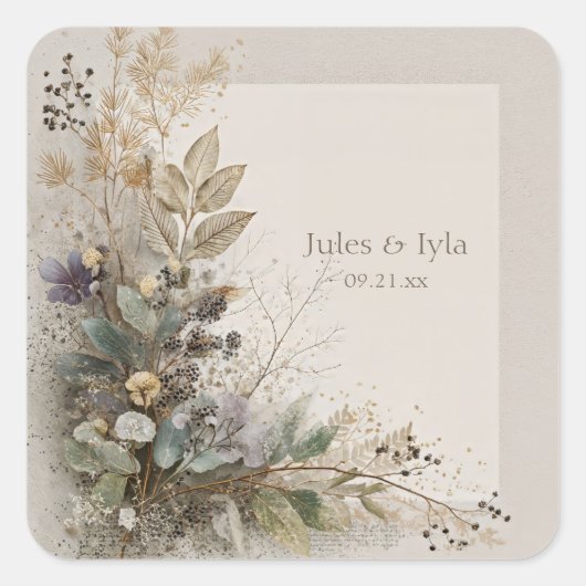 Stof Blauw Bes Botanische Gouden Spikkel Bruiloft Vierkante Sticker (Voorkant)