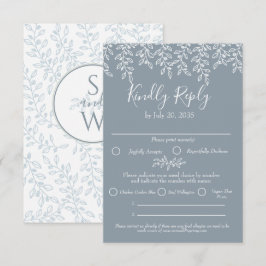Stof blauw boho modern elegante botanische bruilof RSVP kaartje