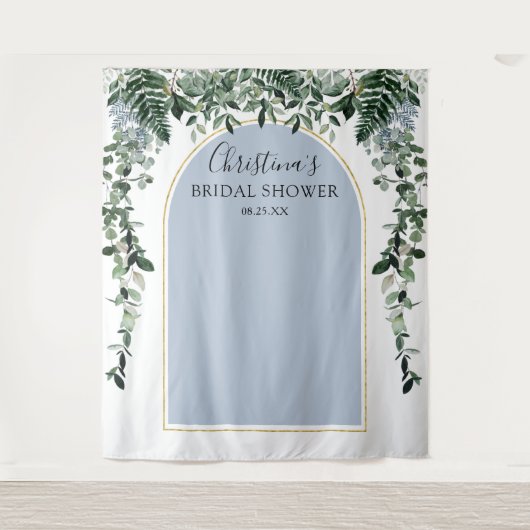 Stof blauw boog botanische bruidsdouche fotohokje wandkleed (Voorkant)