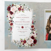 Stof Blauw Bourgondië Blush Bloem Foto Drieluik Uitnodiging (Binnenzijde eerst)