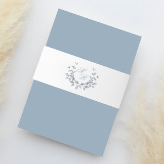 Stof Blauw Elegant Trouw Monogram Uitnodigingen Wikkel
