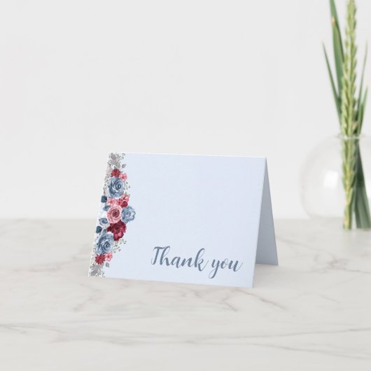 Stof Blauw en Burgundy Bruiloft Bedankkaart (Voorkant)