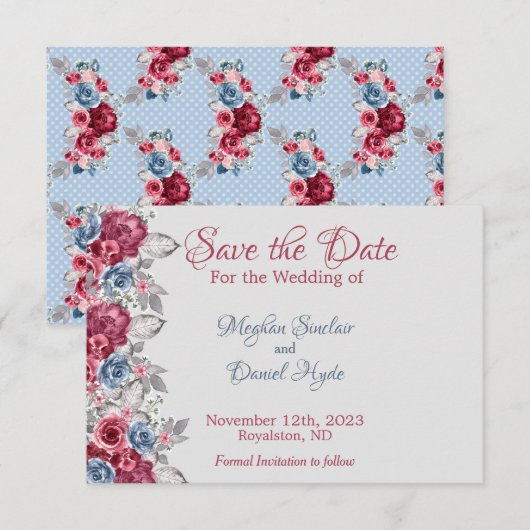 Stof Blauw en Diep Bourgondië Bloemige Save The Da Save The Date (Voorkant / Achterkant)