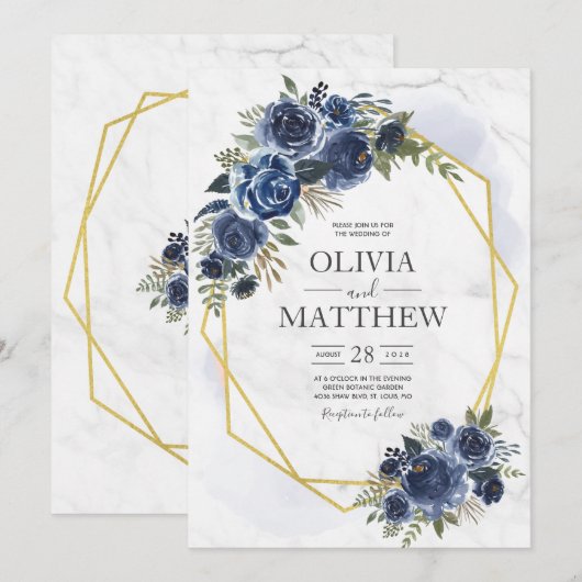 Stof blauw en marine bloemrijke elegantie kaart (Voorkant / Achterkant)