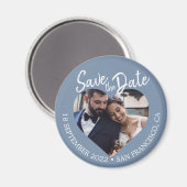 Stof Blauw Foto Modern Script Bewaar de Datum Magneet (Voorkant / Achterkant)