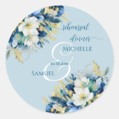 Stof Blauw Goud Glitter Bloem Rehearsal Dinner Ronde Sticker (Voorkant)