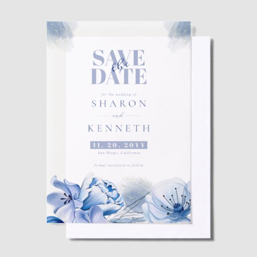Stof Blauw & Goud Glitter Bruiloft Save The Date Vellum Uitnodigingen (Offset)
