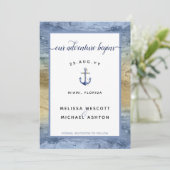 Stof Blauw Goud Nautisch Navy Bruiloft Save The Date (Staand voorkant)