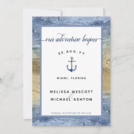 Stof Blauw Goud Scheepvaart Marine Huwelijk Save The Date