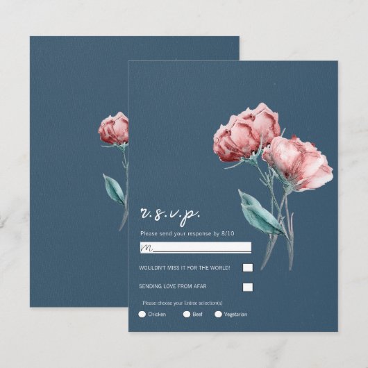 Stof blauw grijs aquarel bloem bruiloft RSVP Kaart (Voorkant / Achterkant)