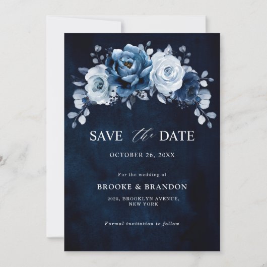 Stof blauw leisteen marine florale botanische trou save the date (Voorkant)