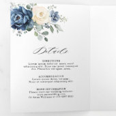 Stof Blauw Marine Champagne Ivoor Bloem Tri-Fold A Drieluik Aankondiging (Binnenzijde eerst)