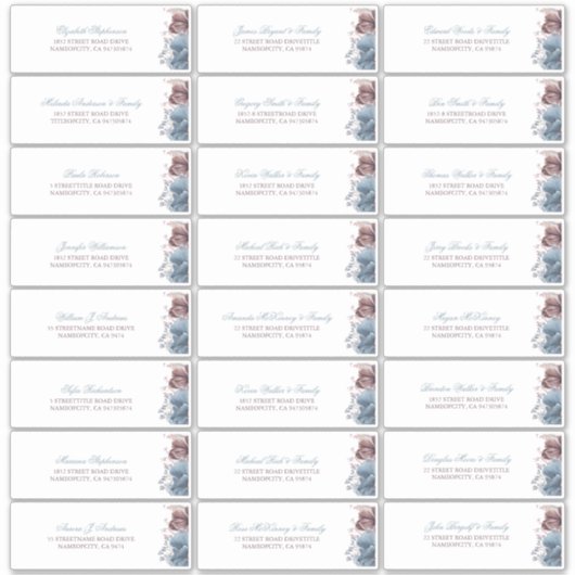 Stof Blauw Mauve Bloemen Gast Namen Adres Label (Voorkant)