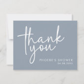 Stof Blauw Minimalistisch Script Bruidsdouche Plat Bedankkaart (Voorkant)