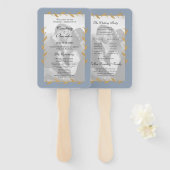 Stof Blauw Modern Foto Goudblad Trouwprogramma Handwaaier (Voorkant en achterkant)