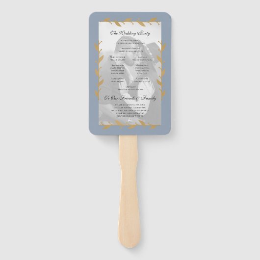Stof Blauw Modern Foto Goudblad Trouwprogramma Handwaaier (Achterkant)