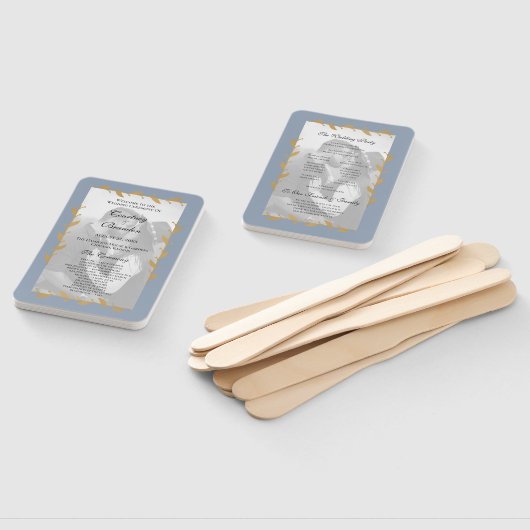 Stof Blauw Modern Foto Goudblad Trouwprogramma Handwaaier (Niet-gemonteerd)