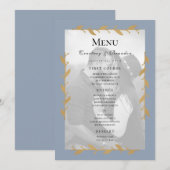 Stof blauw modern foto gouden bladeren trouwmenu menu (Voorkant / Achterkant)