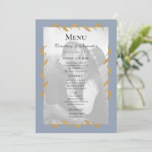 Stof blauw modern foto gouden bladeren trouwmenu menu (Staand voorkant)
