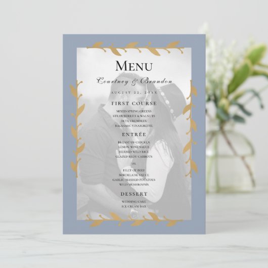 Stof blauw modern foto gouden bladeren trouwmenu menu (Staand voorkant)