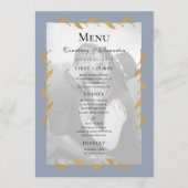 Stof blauw modern foto gouden bladeren trouwmenu menu (Voorkant)