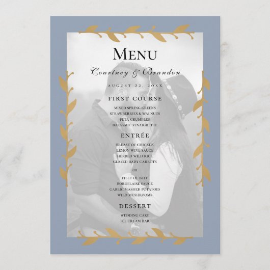 Stof blauw modern foto gouden bladeren trouwmenu menu (Voorkant)