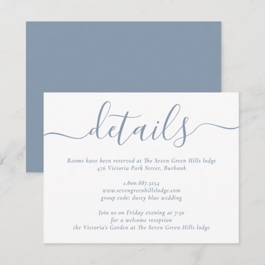 Stof blauw modern scriptief bruiloft informatiekaartje (Voorkant / Achterkant)